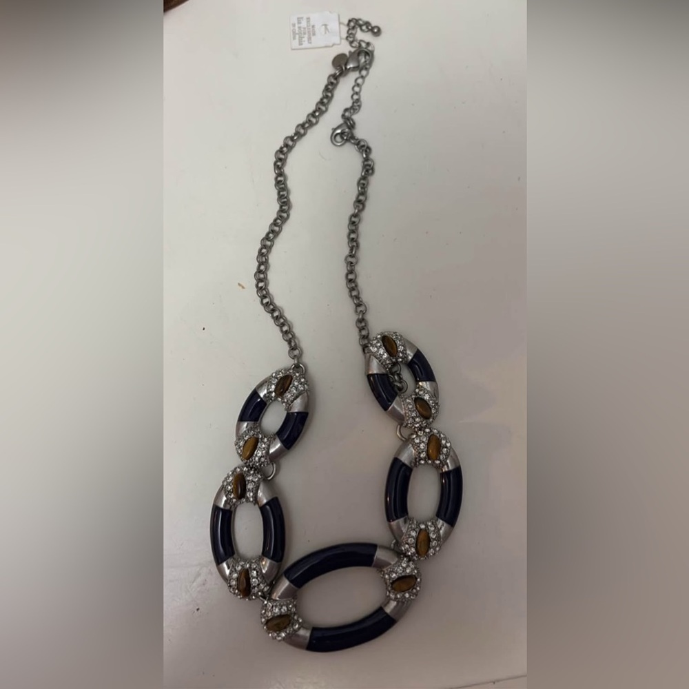 Lia Sophia Necklace Elegant Navy and Silver Link Necklace with Crystal Accents
